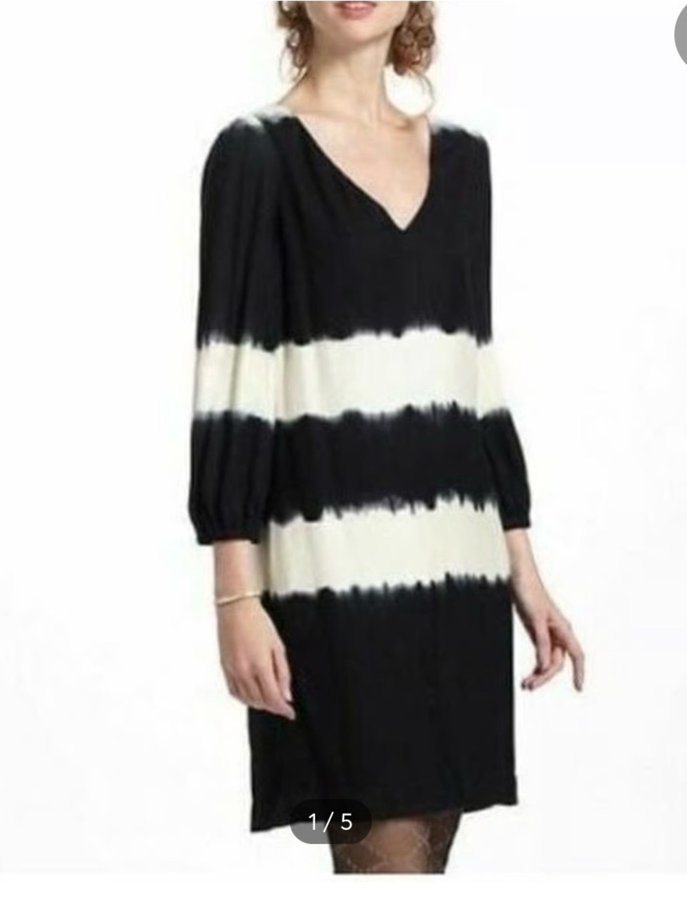 Anthropologie Black & White Tie-Dye Shift Dress - V-Neck